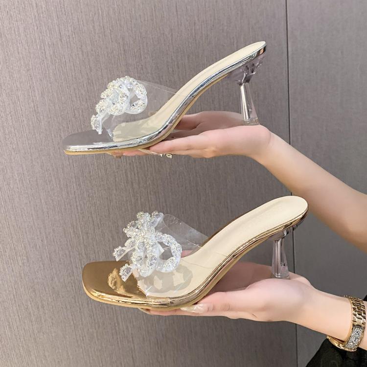 高跟鞋 夏季新款酒杯跟蝴蝶結水晶花涼鞋一字拖舞臺走秀宴會拖鞋-細節圖4