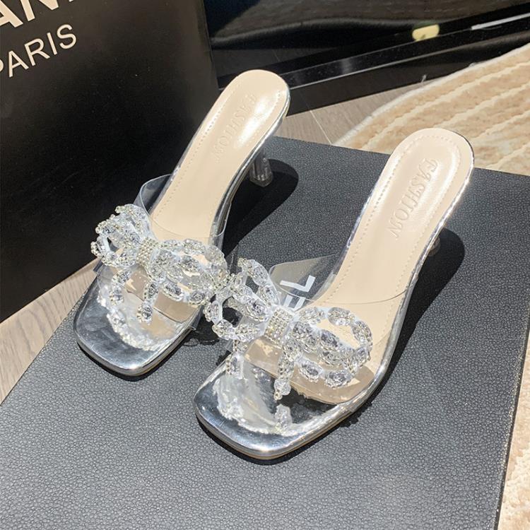 高跟鞋 夏季新款酒杯跟蝴蝶結水晶花涼鞋一字拖舞臺走秀宴會拖鞋-細節圖6