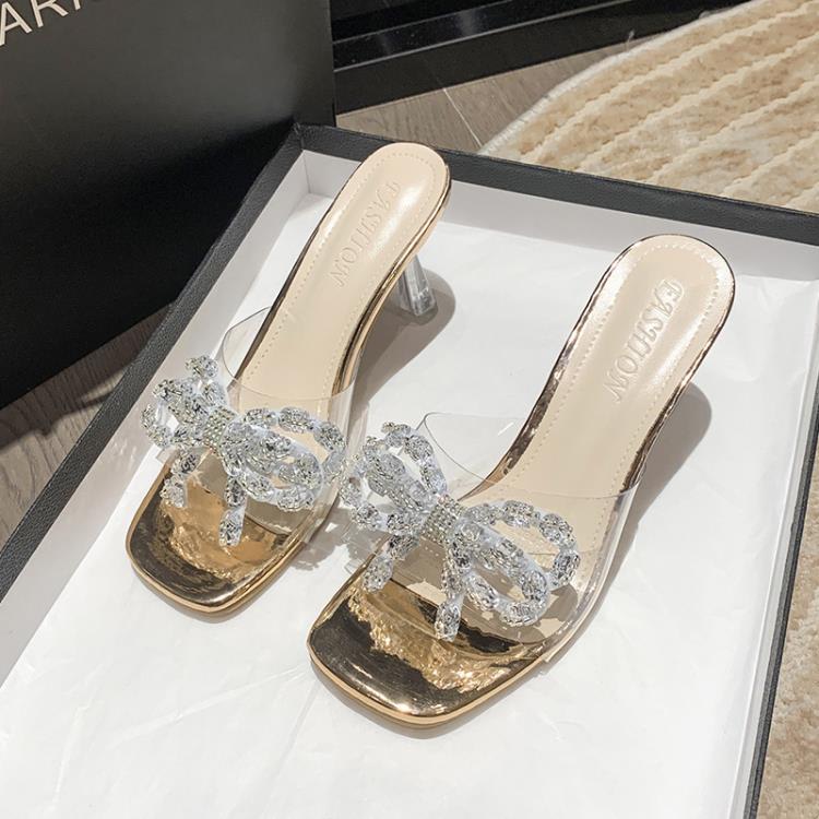 高跟鞋 夏季新款酒杯跟蝴蝶結水晶花涼鞋一字拖舞臺走秀宴會拖鞋-細節圖7