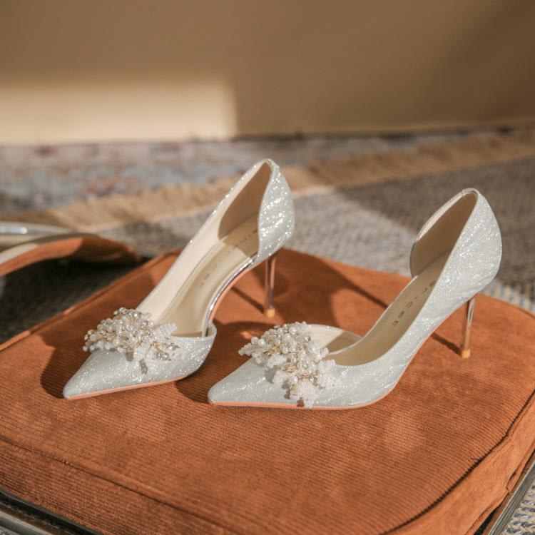 高跟鞋 8335-2 鞋女細跟2023年冬季新款法式水晶婚鞋尖頭側空新娘鞋-細節圖2