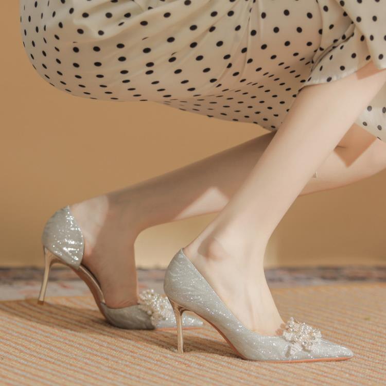 高跟鞋 8335-2 鞋女細跟2023年冬季新款法式水晶婚鞋尖頭側空新娘鞋-細節圖3