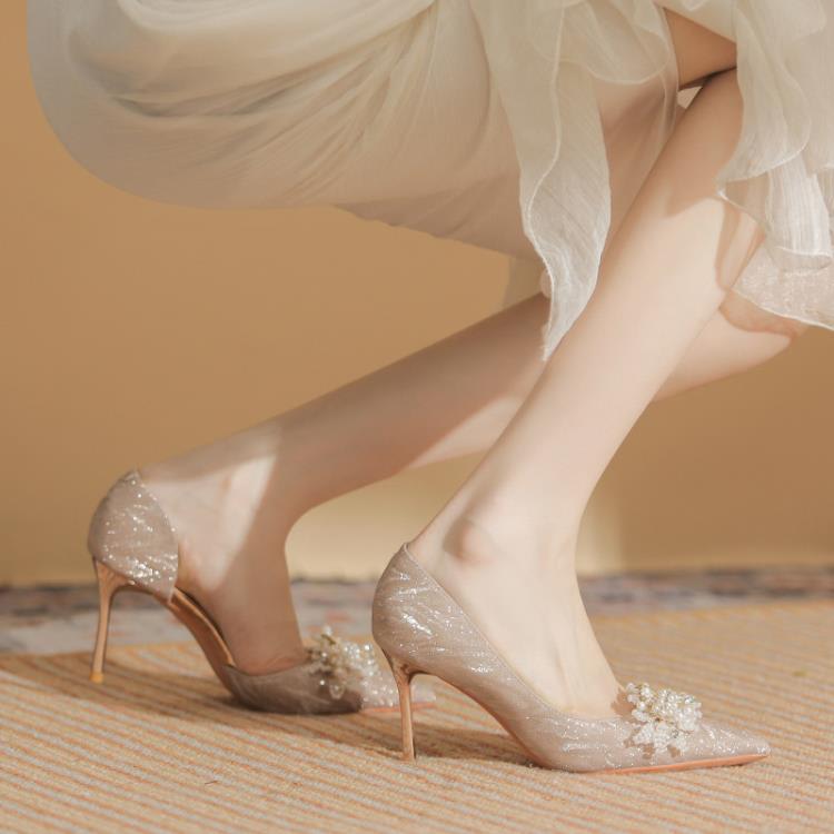 高跟鞋 8335-2 鞋女細跟2023年冬季新款法式水晶婚鞋尖頭側空新娘鞋-細節圖4
