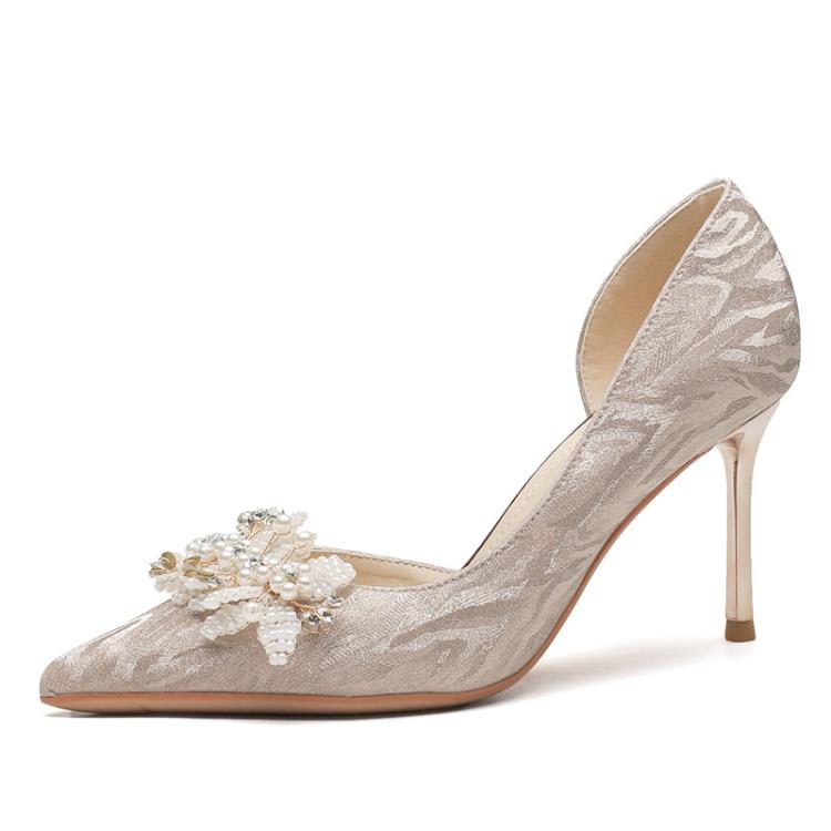 高跟鞋 8335-2 鞋女細跟2023年冬季新款法式水晶婚鞋尖頭側空新娘鞋-細節圖5