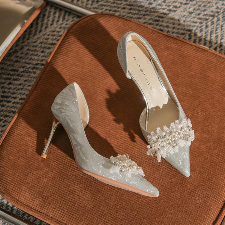 高跟鞋 8335-2 鞋女細跟2023年冬季新款法式水晶婚鞋尖頭側空新娘鞋-細節圖6