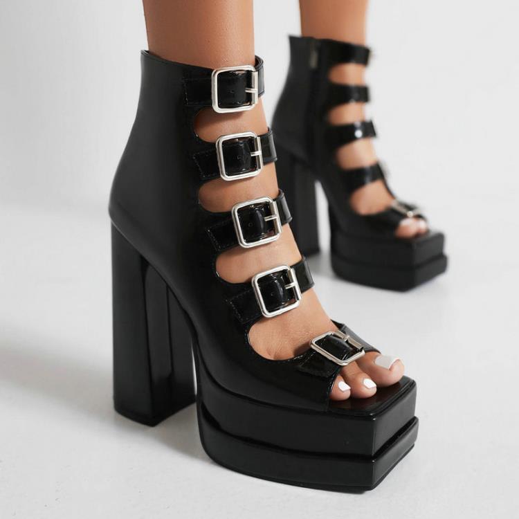 女高跟涼鞋漆皮夏季新款厚底粗跟超高跟皮帶扣女側拉鍊防水臺涼靴-細節圖3