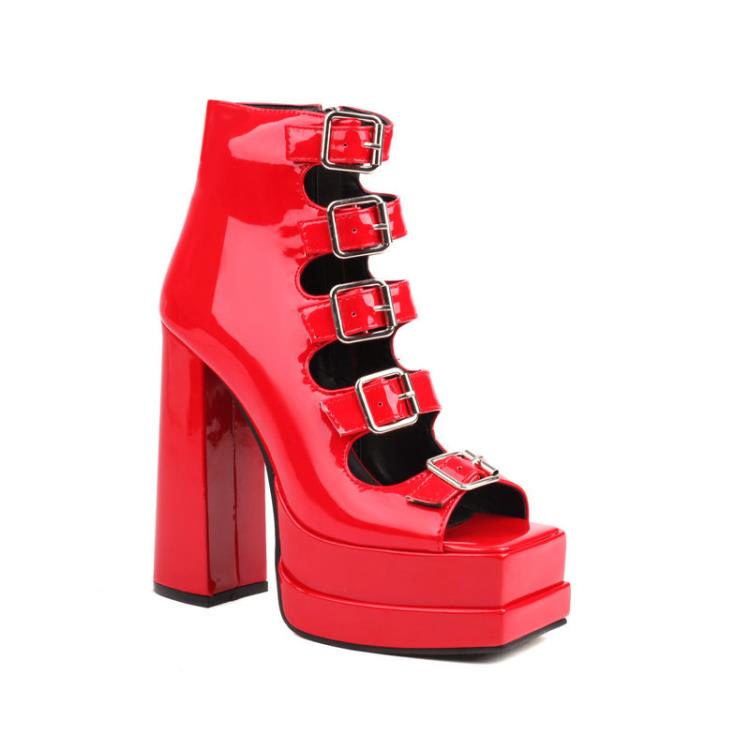 女高跟涼鞋漆皮夏季新款厚底粗跟超高跟皮帶扣女側拉鍊防水臺涼靴-細節圖7