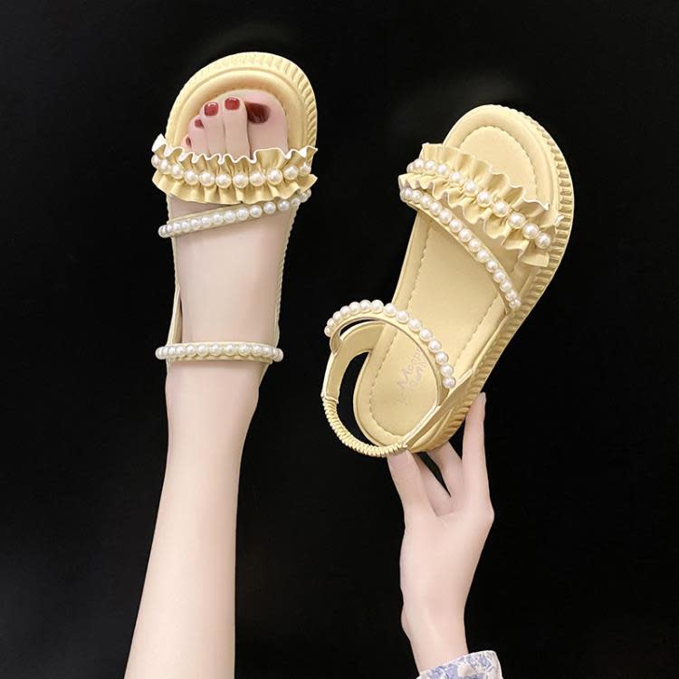圓頭珍珠涼鞋女夏季時尚休閒女鞋一字帶松糕厚底運動女涼鞋批髮-細節圖2