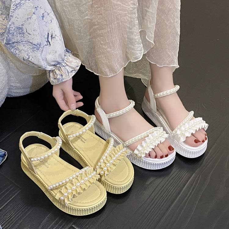 圓頭珍珠涼鞋女夏季時尚休閒女鞋一字帶松糕厚底運動女涼鞋批髮-細節圖3