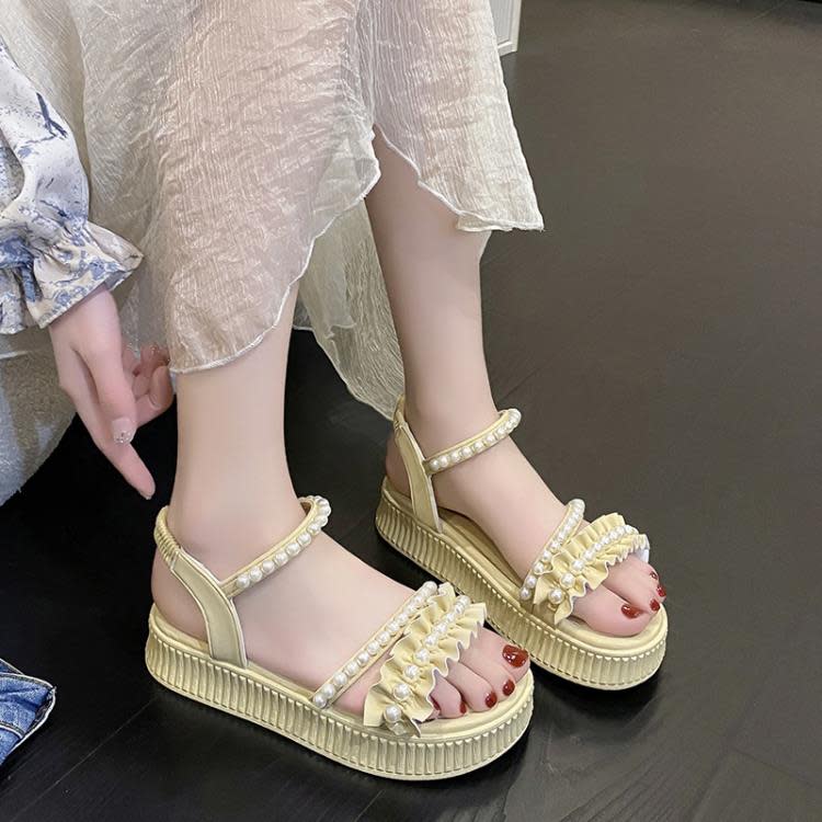 圓頭珍珠涼鞋女夏季時尚休閒女鞋一字帶松糕厚底運動女涼鞋批髮-細節圖4