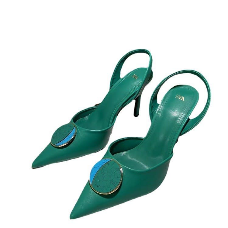 高跟鞋 ZA鞋2023新款尖頭細跟女鞋綠色性感夏季金屬裝飾包頭仙女涼鞋-細節圖5
