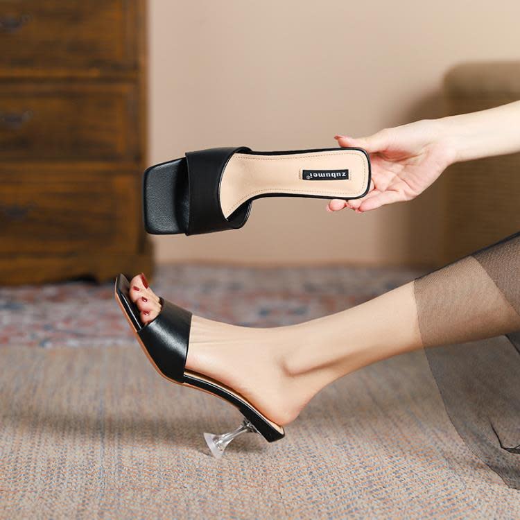 高跟鞋 5858-1 涼拖鞋女夏季新款鞋正韓時尚方頭細跟外穿一字型拖鞋-細節圖2