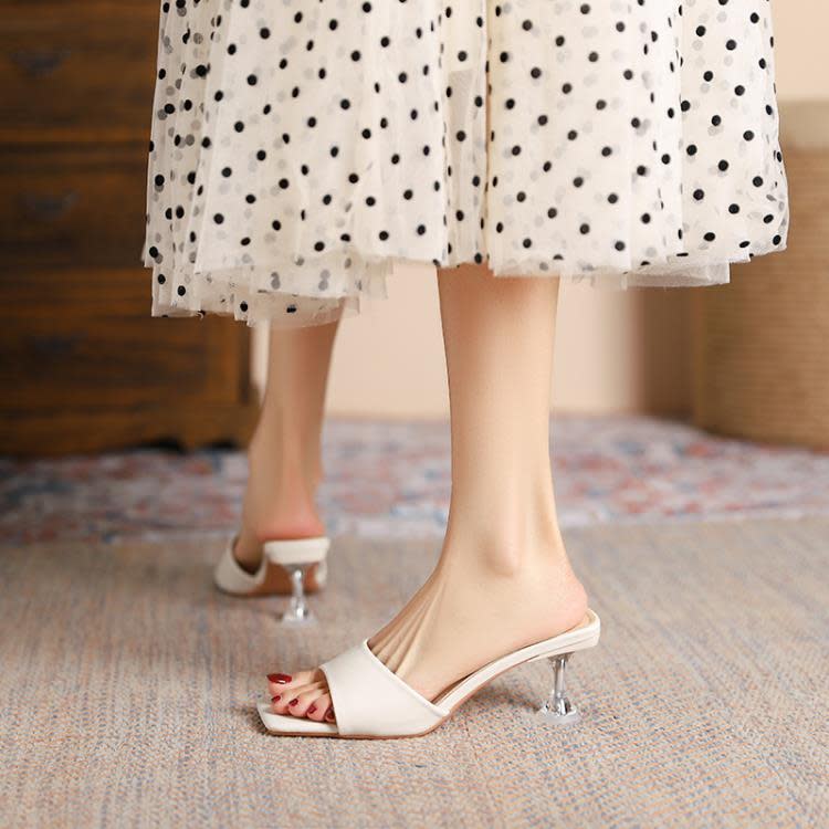 高跟鞋 5858-1 涼拖鞋女夏季新款鞋正韓時尚方頭細跟外穿一字型拖鞋-細節圖4