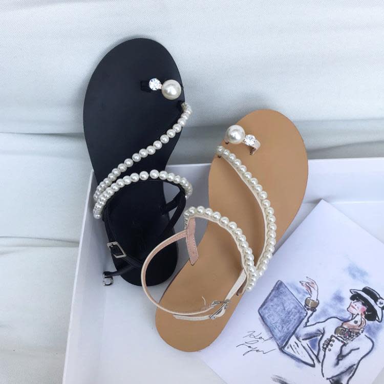平底涼鞋 夏季涼鞋女仙女風韓新款一字帶套趾女鞋珍珠水鉆鍊條時尚外穿-細節圖3