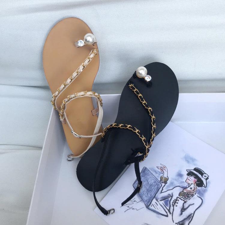 平底涼鞋 夏季涼鞋女仙女風韓新款一字帶套趾女鞋珍珠水鉆鍊條時尚外穿-細節圖4