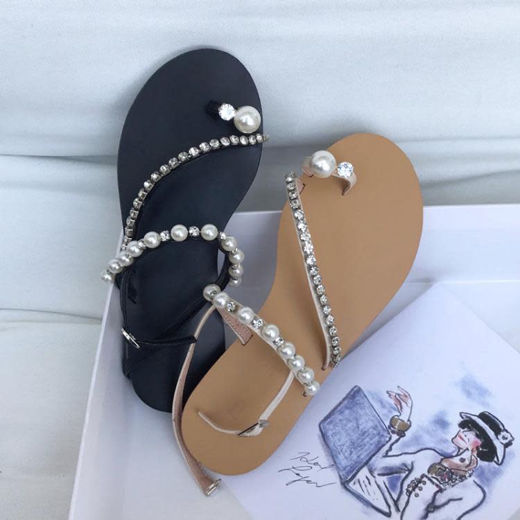 平底涼鞋 夏季涼鞋女仙女風韓新款一字帶套趾女鞋珍珠水鉆鍊條時尚外穿-細節圖5