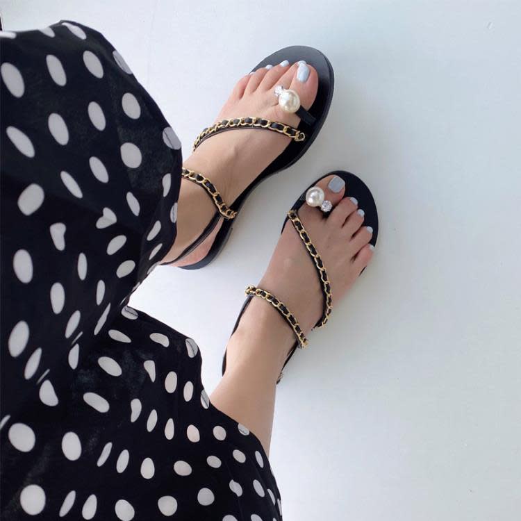 平底涼鞋 夏季涼鞋女仙女風韓新款一字帶套趾女鞋珍珠水鉆鍊條時尚外穿-細節圖7