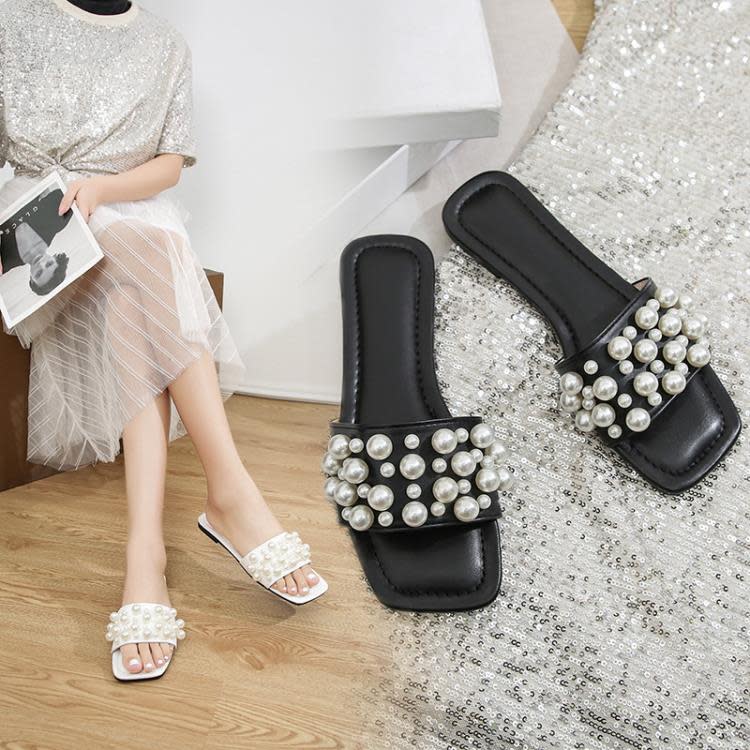 珍珠拖鞋女夏季新款2023時尚外穿仙女風一字方頭正韓休閒沙灘涼拖-細節圖2