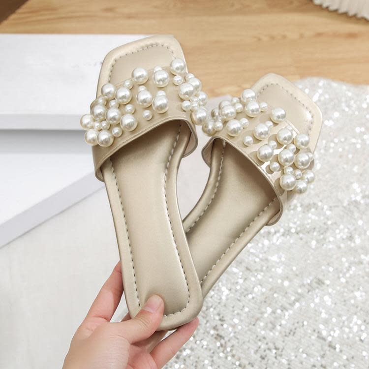 珍珠拖鞋女夏季新款2023時尚外穿仙女風一字方頭正韓休閒沙灘涼拖-細節圖3