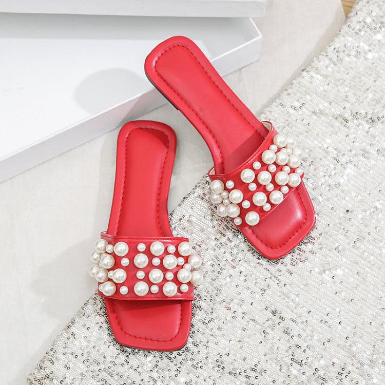 珍珠拖鞋女夏季新款2023時尚外穿仙女風一字方頭正韓休閒沙灘涼拖-細節圖6