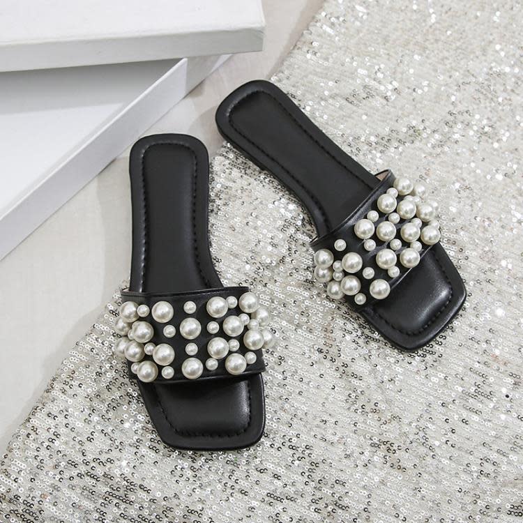珍珠拖鞋女夏季新款2023時尚外穿仙女風一字方頭正韓休閒沙灘涼拖-細節圖8