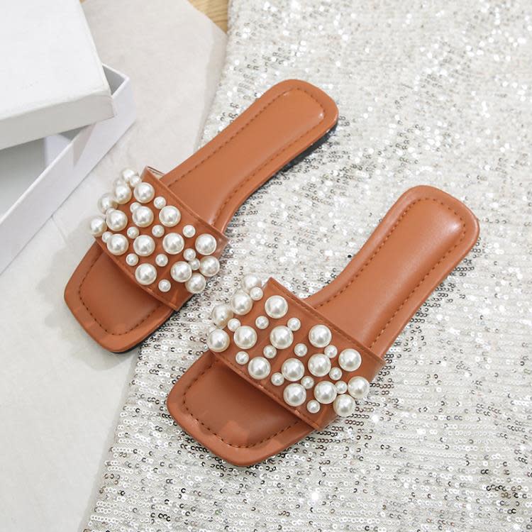 珍珠拖鞋女夏季新款2023時尚外穿仙女風一字方頭正韓休閒沙灘涼拖-細節圖9