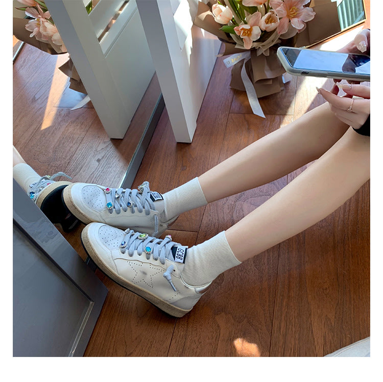 休閒鞋 葡萄媽studiolee 復古臟臟鞋平底彩鉆小白鞋拼色星星板鞋春秋-細節圖3