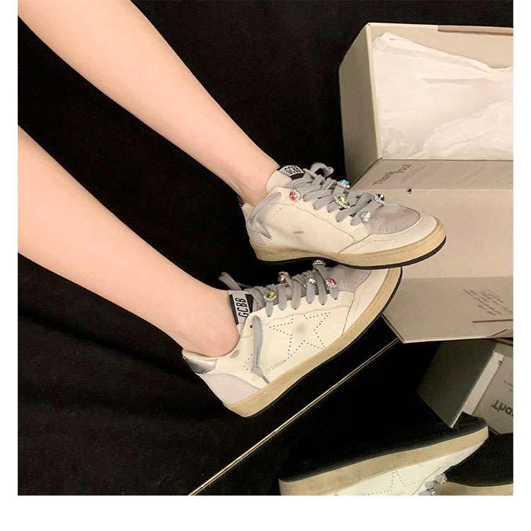 休閒鞋 葡萄媽studiolee 復古臟臟鞋平底彩鉆小白鞋拼色星星板鞋春秋-細節圖5