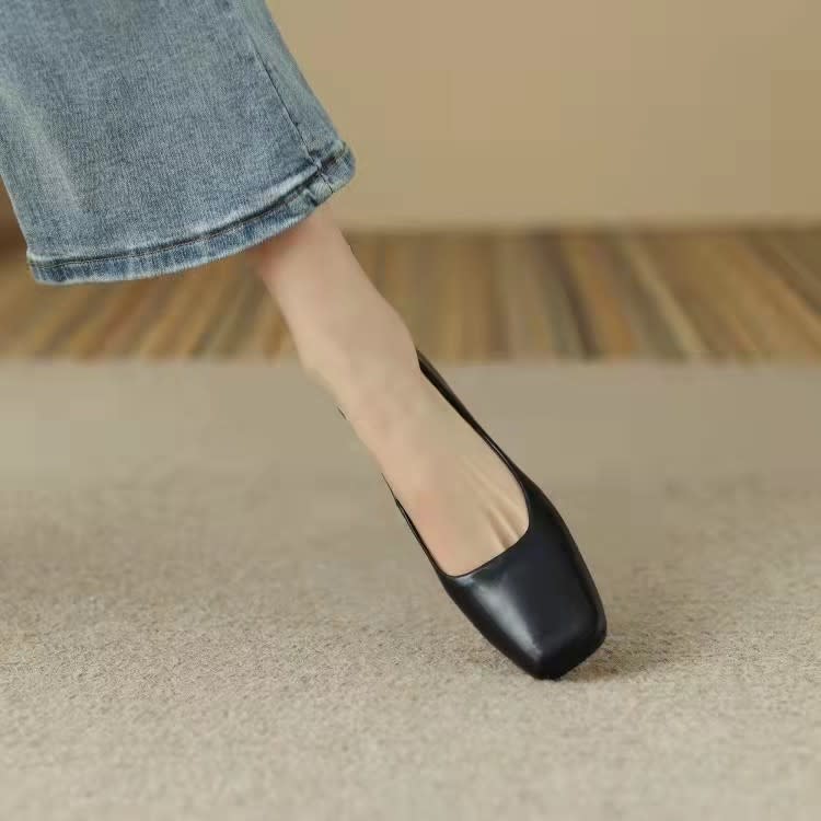 低跟鞋 2023年春夏新款純色復古淺口方頭小皮鞋粗跟鞋子女單鞋奶奶鞋-細節圖4