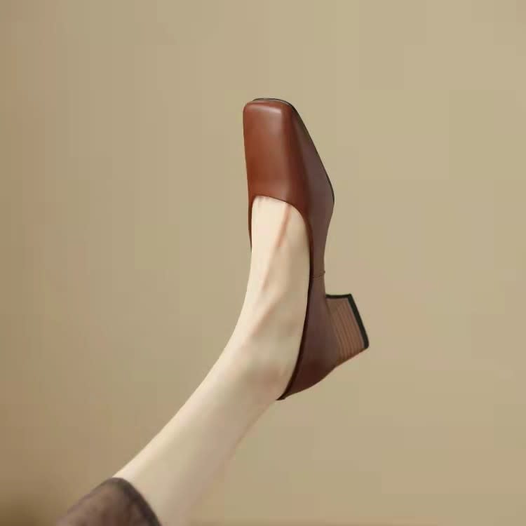 低跟鞋 2023年春夏新款純色復古淺口方頭小皮鞋粗跟鞋子女單鞋奶奶鞋-細節圖6