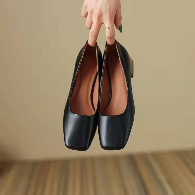 低跟鞋 2023年春夏新款純色復古淺口方頭小皮鞋粗跟鞋子女單鞋奶奶鞋-細節圖7