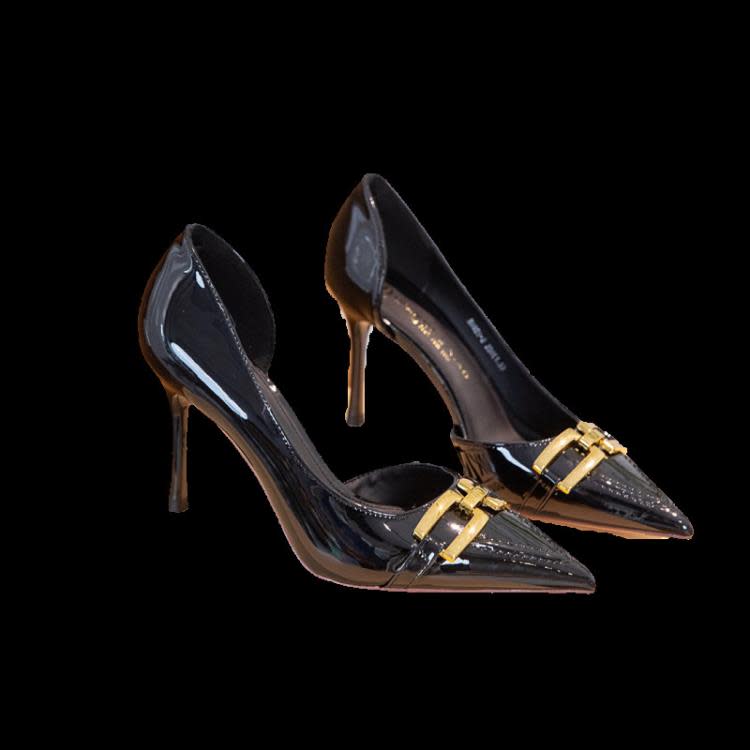 釬金鳥時尚皮帶扣側空高跟鞋女2023年新款性感尖頭細跟米白色單鞋-細節圖5