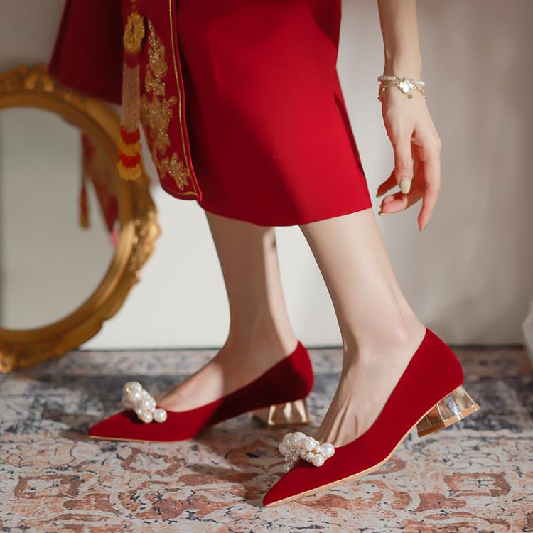 3118-29婚鞋新娘鞋女2023年春新款粗跟鞋秀禾主婚紗不累腳單鞋-細節圖3