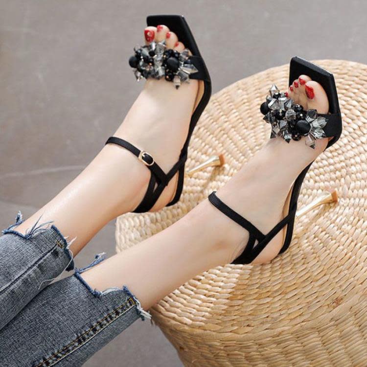 高跟鞋 涼鞋女夏季2023新款水鉆一字帶鞋細跟仙女風時尚性感露趾女鞋-細節圖6