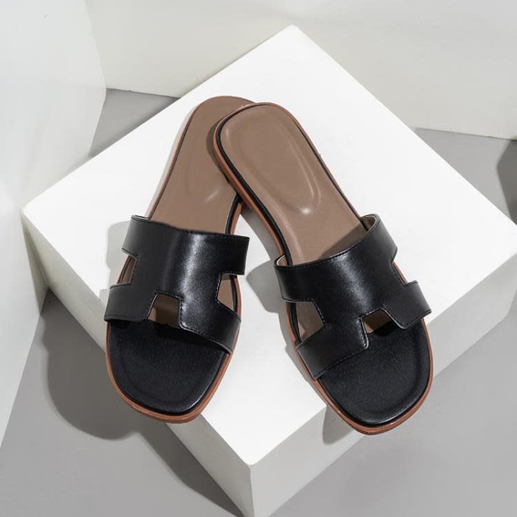 拖鞋 women歐美H經典slippers時尚真皮女夏slides外貿flat涼拖女鞋-細節圖2