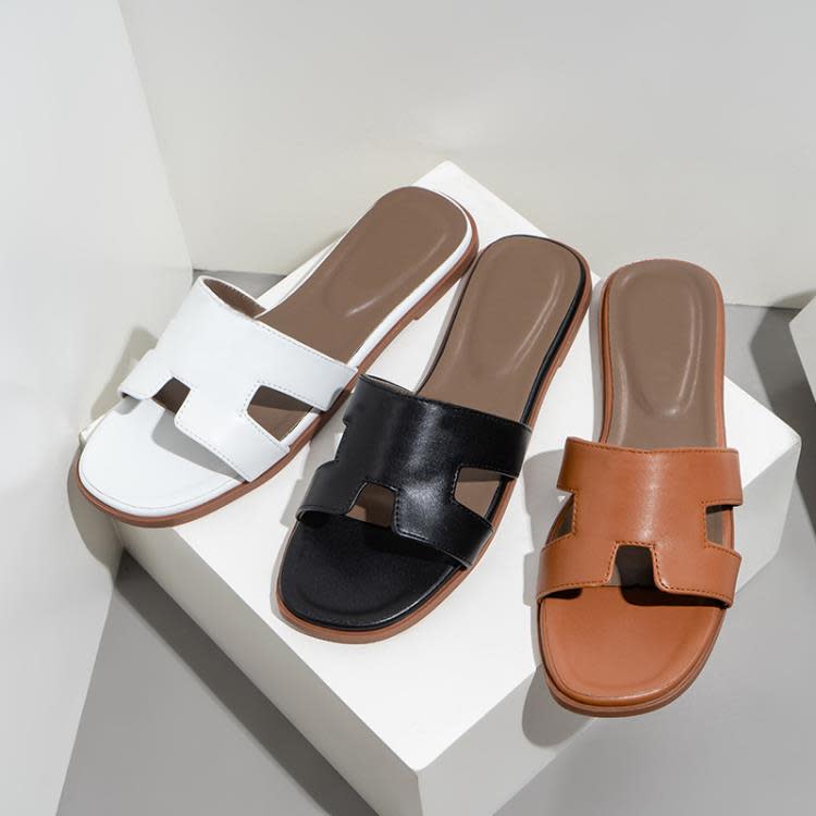 拖鞋 women歐美H經典slippers時尚真皮女夏slides外貿flat涼拖女鞋-細節圖4