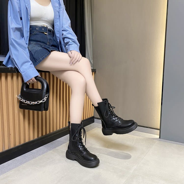 2023年秋冬季新款軟皮系帶厚底松糕馬丁靴機車靴短靴女鞋潮批髮-細節圖4