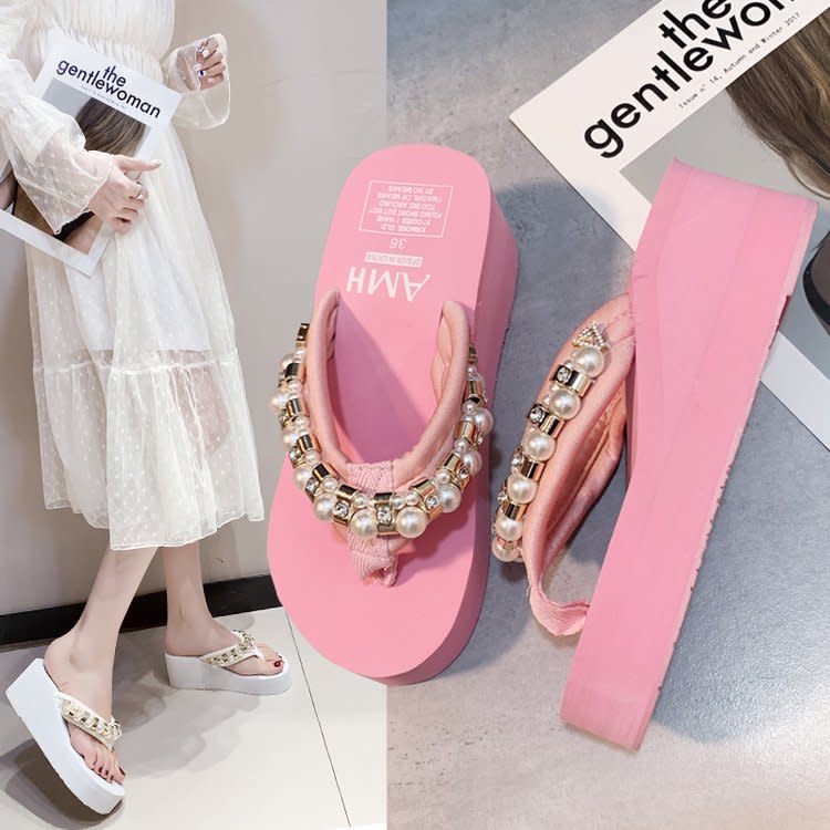 涼拖鞋女夏2023新款時尚厚底水鉆拖鞋網紅外穿平底沙灘人字拖-細節圖2