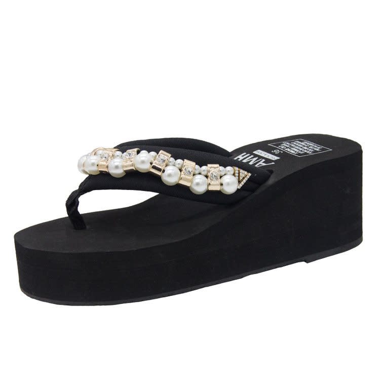 涼拖鞋女夏2023新款時尚厚底水鉆拖鞋網紅外穿平底沙灘人字拖-細節圖6