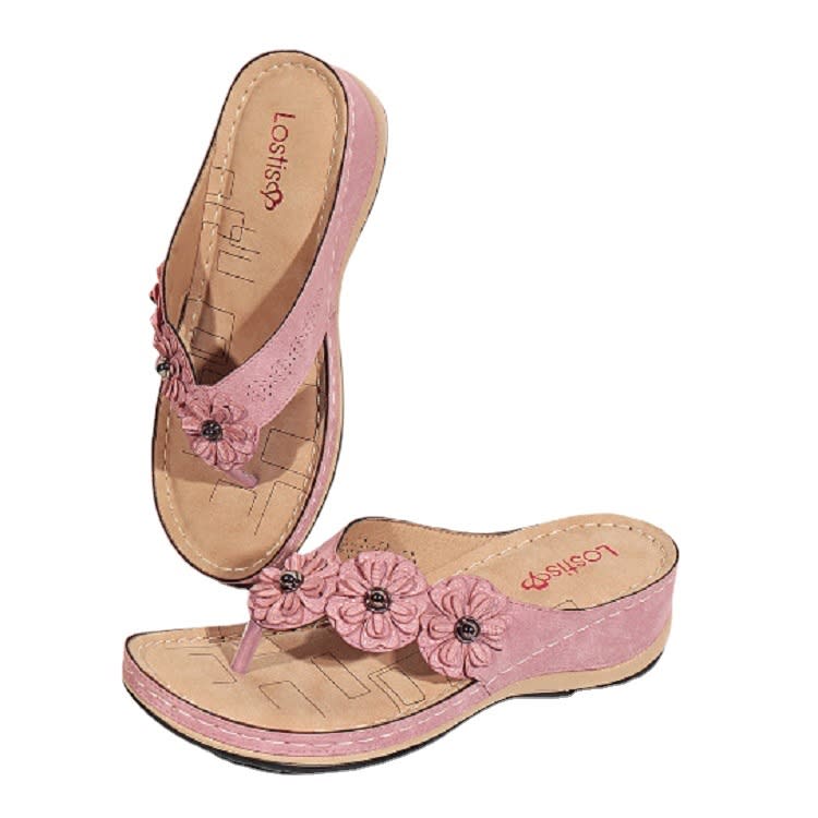 2023年新款花朵女涼鞋車縫線復古坡跟休閒人字拖鞋-細節圖5