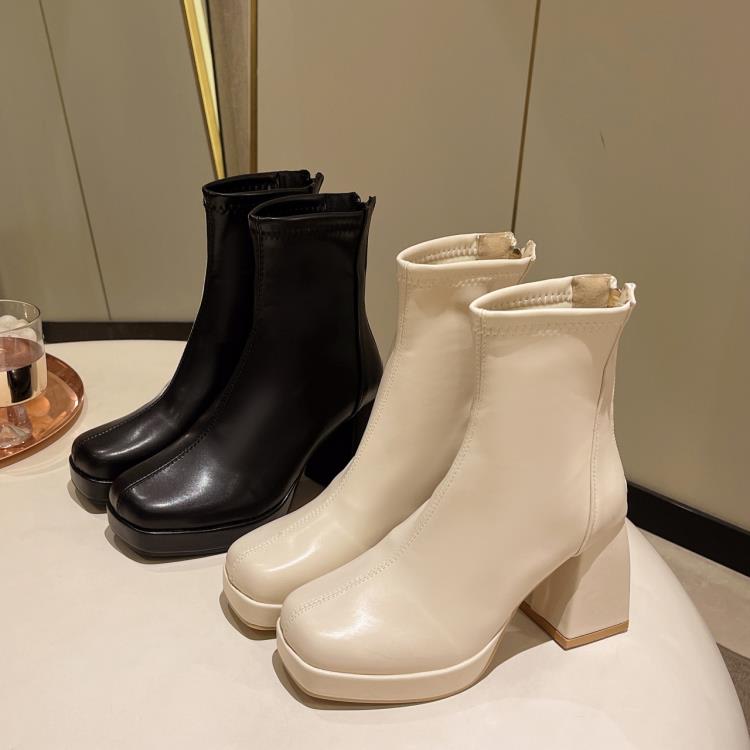 2023冬季新款切爾西靴女復古瘦瘦短靴軟皮防水臺馬丁靴高跟靴子-細節圖3