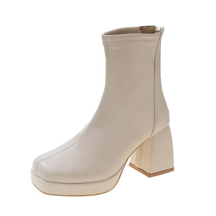 2023冬季新款切爾西靴女復古瘦瘦短靴軟皮防水臺馬丁靴高跟靴子-細節圖7