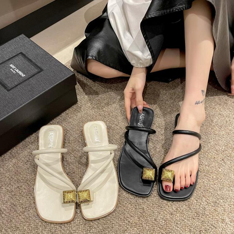 低跟鞋 2023年夏季新款夾腳時尚拖鞋仙女風拖鞋金屬方扣裝飾套趾拖-細節圖2