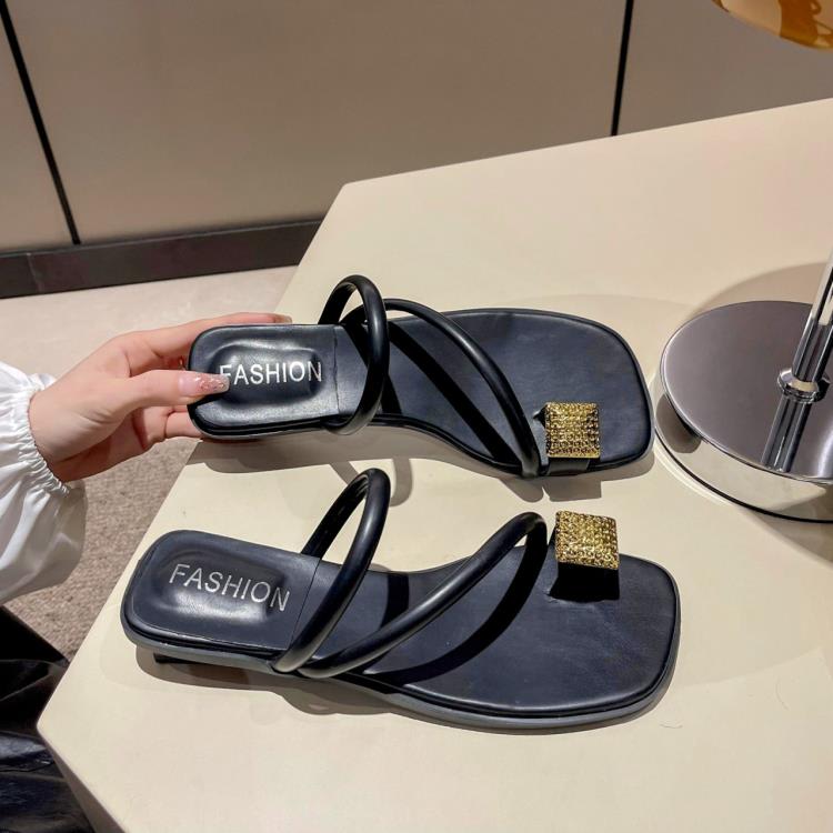 低跟鞋 2023年夏季新款夾腳時尚拖鞋仙女風拖鞋金屬方扣裝飾套趾拖-細節圖3