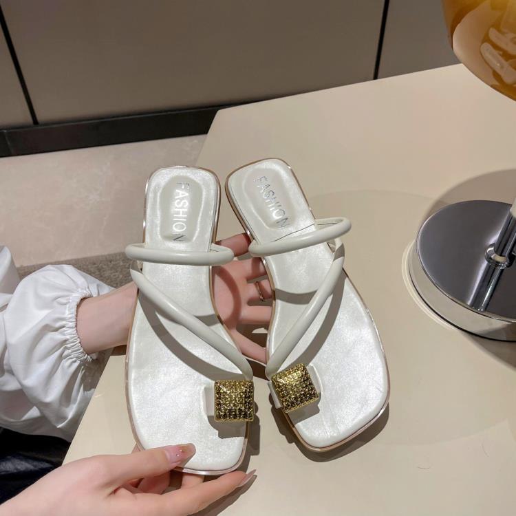 低跟鞋 2023年夏季新款夾腳時尚拖鞋仙女風拖鞋金屬方扣裝飾套趾拖-細節圖4