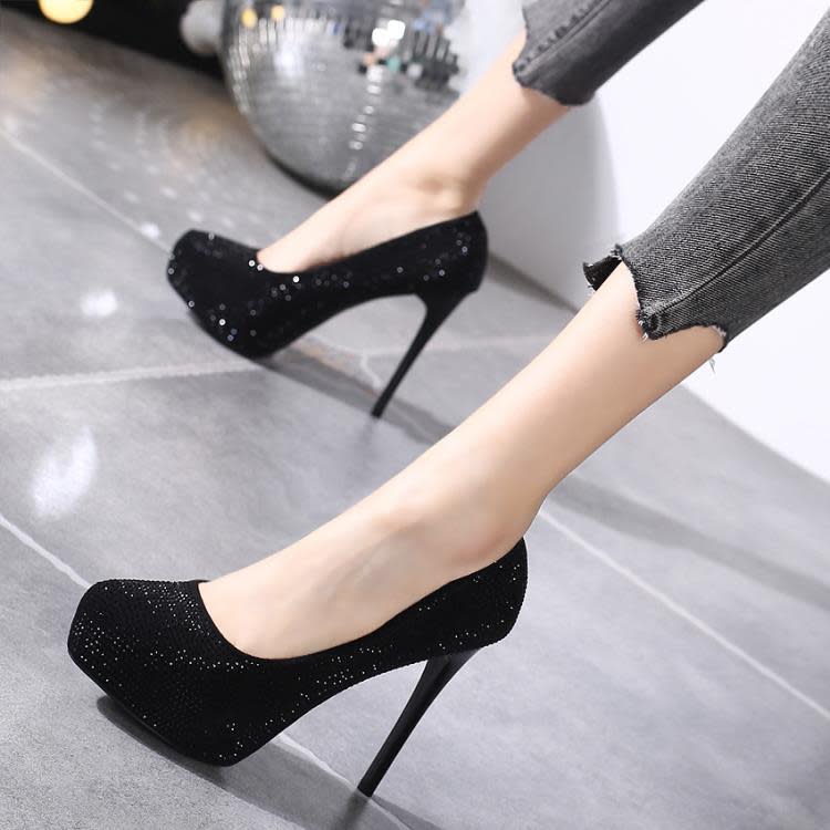 高跟鞋 尖頭時尚鞋2023年春季新款細跟防水臺淺口宴會鞋水鉆百搭單鞋-細節圖2