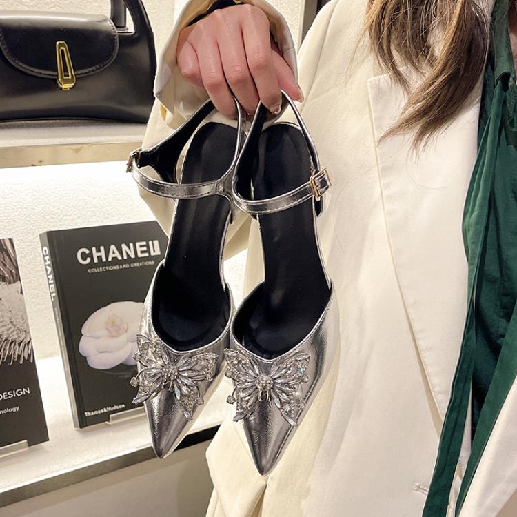 高跟鞋 夏季新款時尚尖頭鞋女細跟包頭歐美風涼鞋中空一字帶涼鞋-細節圖3