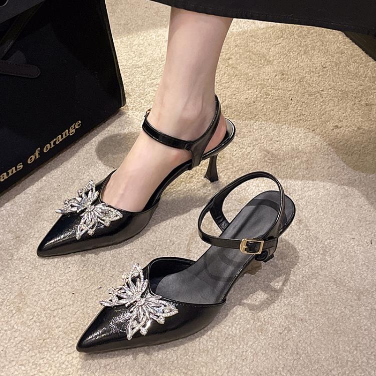 高跟鞋 夏季新款時尚尖頭鞋女細跟包頭歐美風涼鞋中空一字帶涼鞋-細節圖4