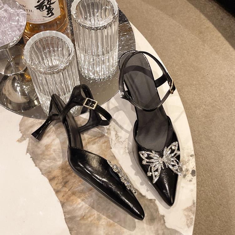 高跟鞋 夏季新款時尚尖頭鞋女細跟包頭歐美風涼鞋中空一字帶涼鞋-細節圖6