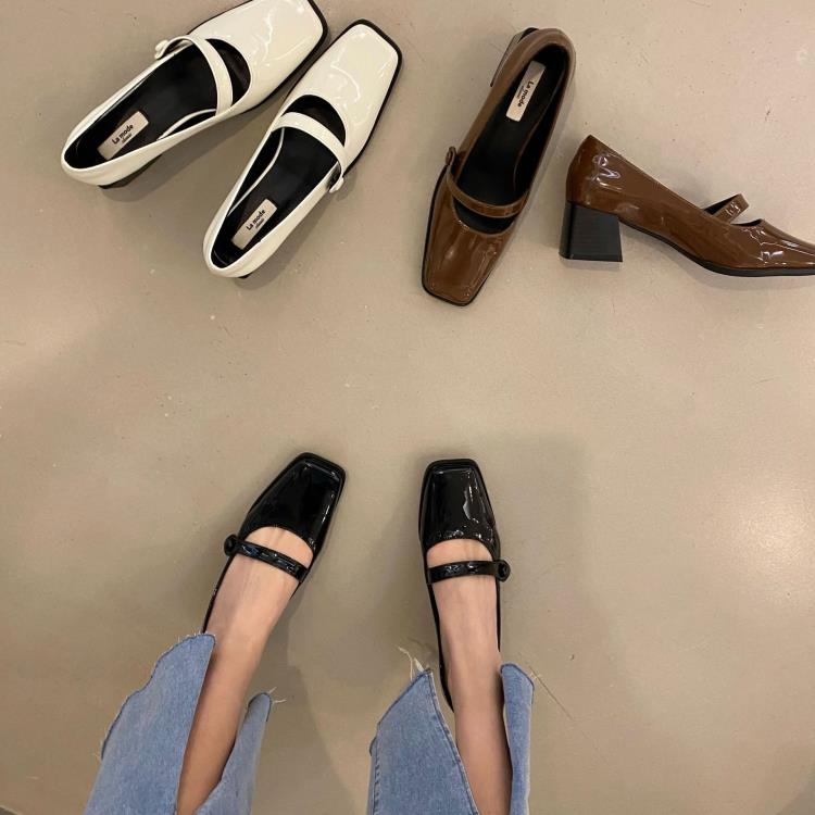 高跟鞋 小眾設計方頭瑪麗珍單鞋女鞋子2023年新款春季黑色法式粗跟鞋-細節圖2