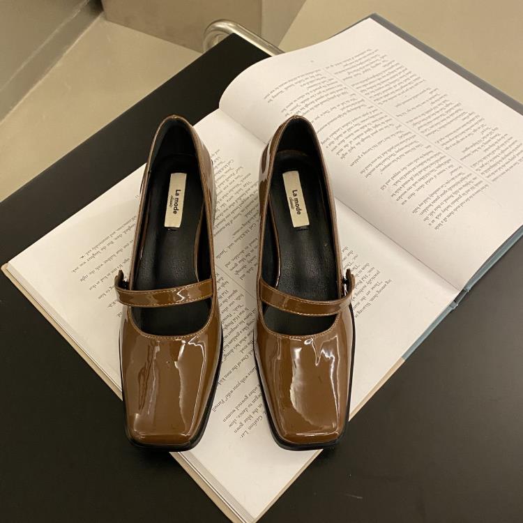 高跟鞋 小眾設計方頭瑪麗珍單鞋女鞋子2023年新款春季黑色法式粗跟鞋-細節圖3